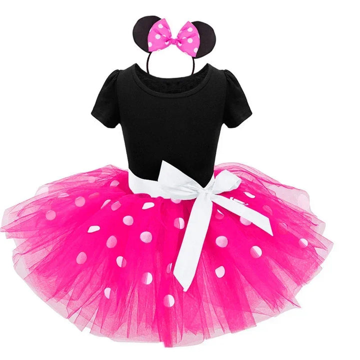 Cute girls' Minnie Mouse Halloween costume: red polkadot dress, black bodice, and a lovely bow headband.