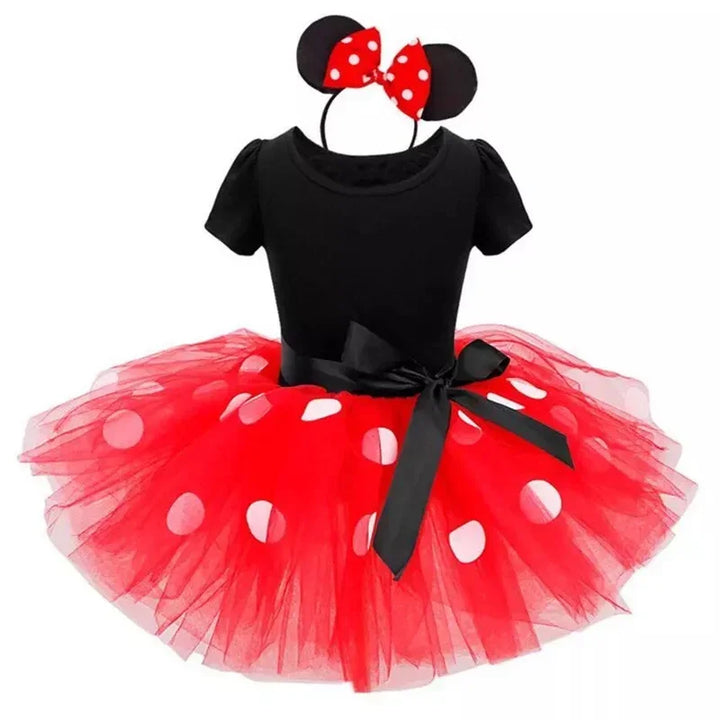 Toddler girls' Minnie Mouse outfit: red polkadot dress, black top, and a sweet bow headband for parties.