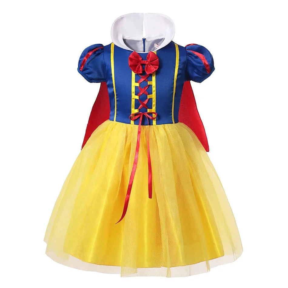 Girls' Snow White princess dress, vibrant yellow & blue, with a flowing red cape for fairytale play.