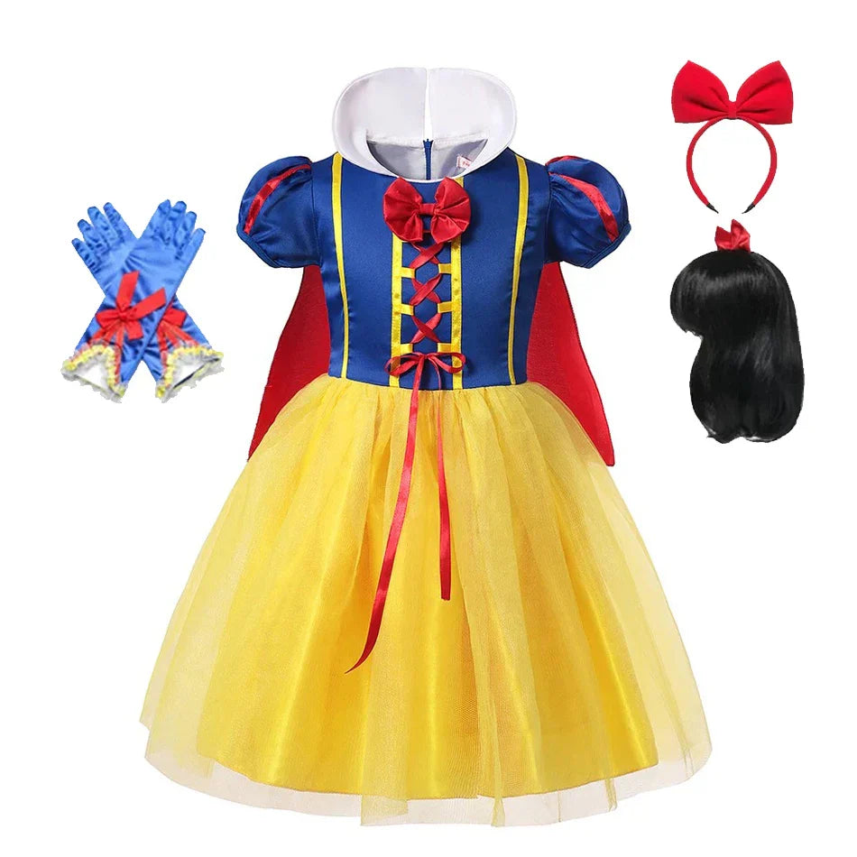 Classic Snow White princess dress for children, with a traditional blue & yellow design and iconic red cape.