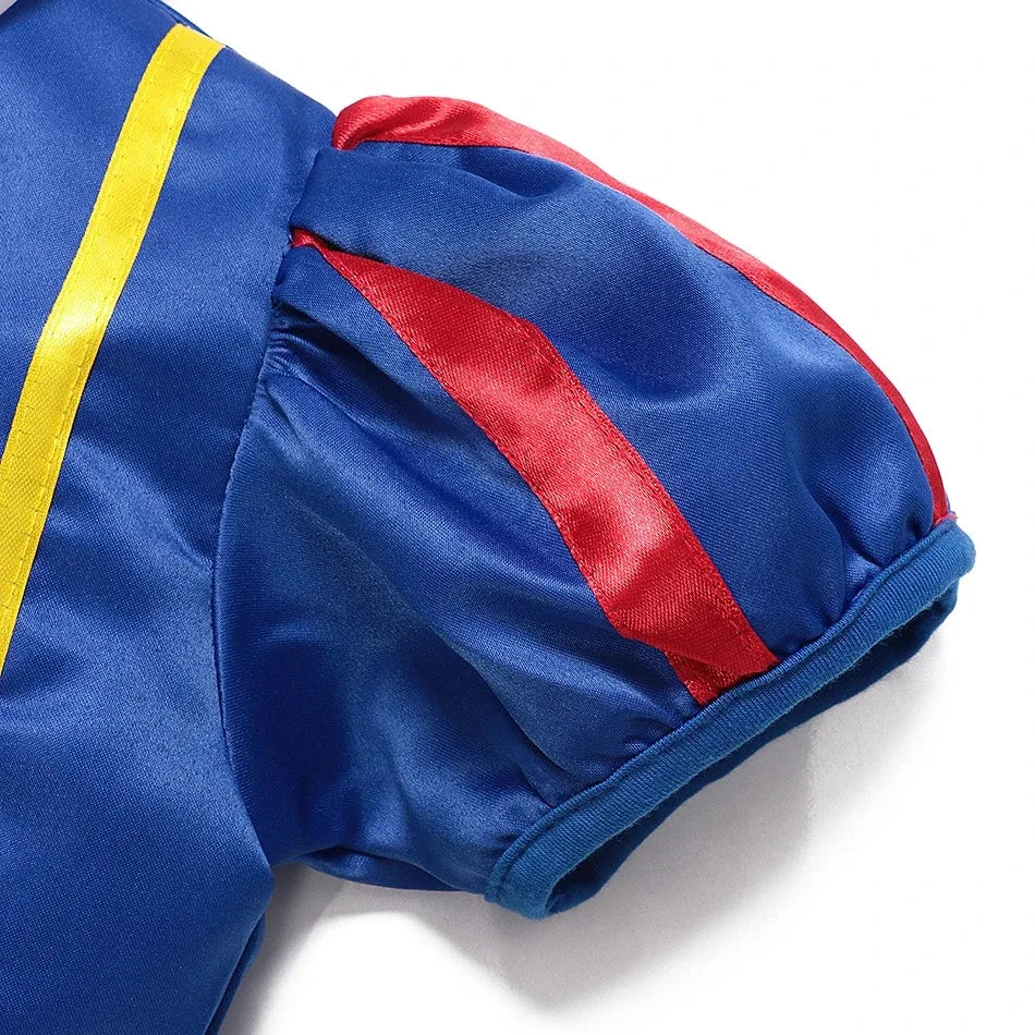 Girls' fairytale Snow White cape dress, with a vibrant red cape & sparkling tiara, ideal for costume parties.