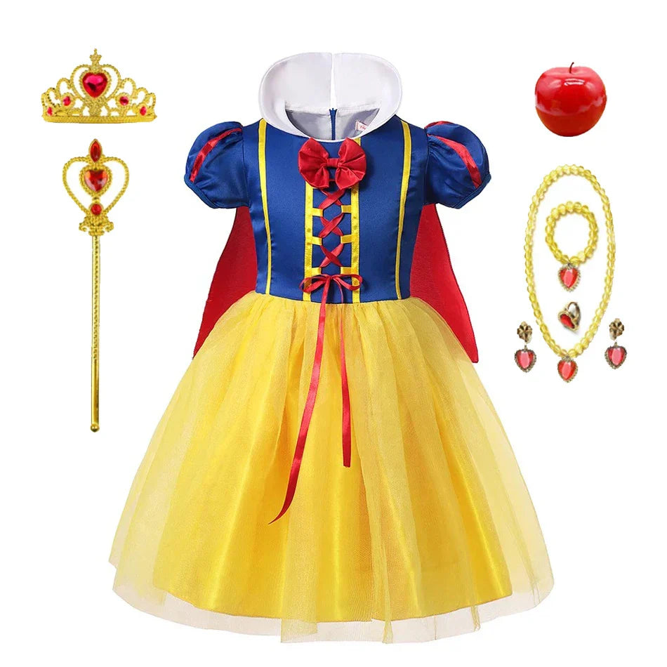Halloween Snow White princess costume for girls, featuring a full-length dress, cape, & accessories.