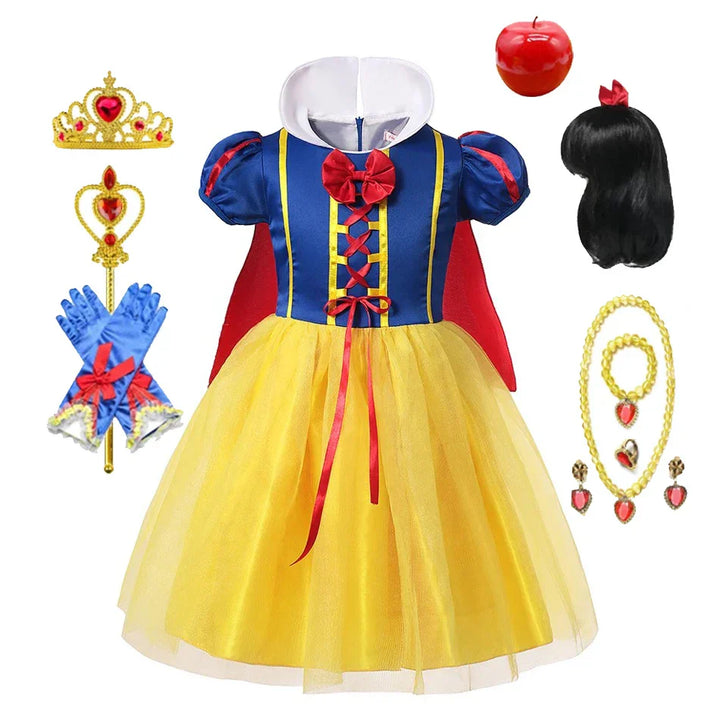 Magical Snow White princess dress for girls, with a shimmering cape, tiara, and enchanting accessories.