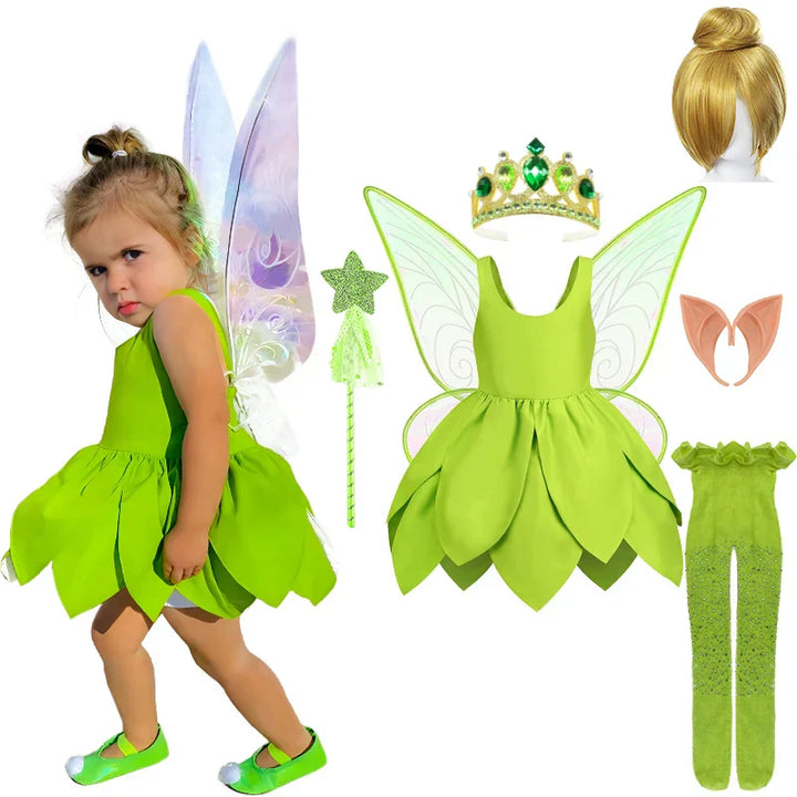 Girls' Tinkerbell fairy costume with shimmering green dress and attached wings.