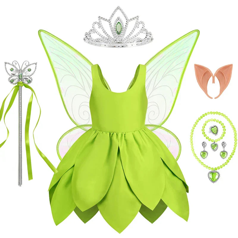 Full body shot of a girl wearing a Tinkerbell Halloween costume.