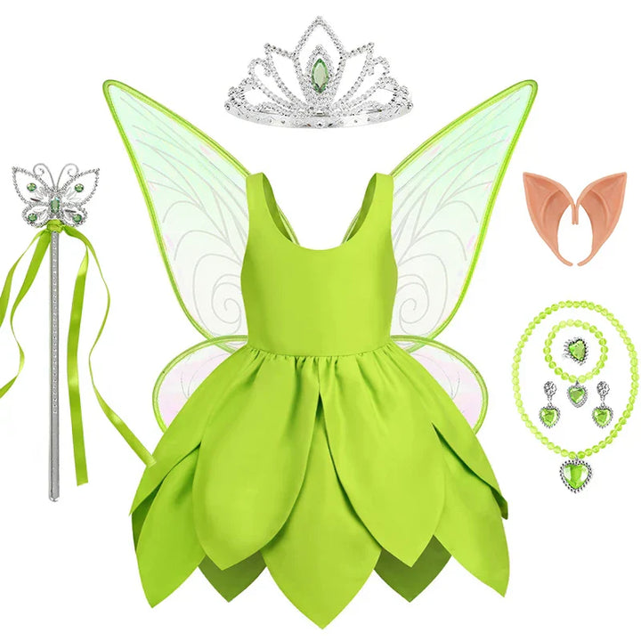 Full body shot of a girl wearing a Tinkerbell Halloween costume.