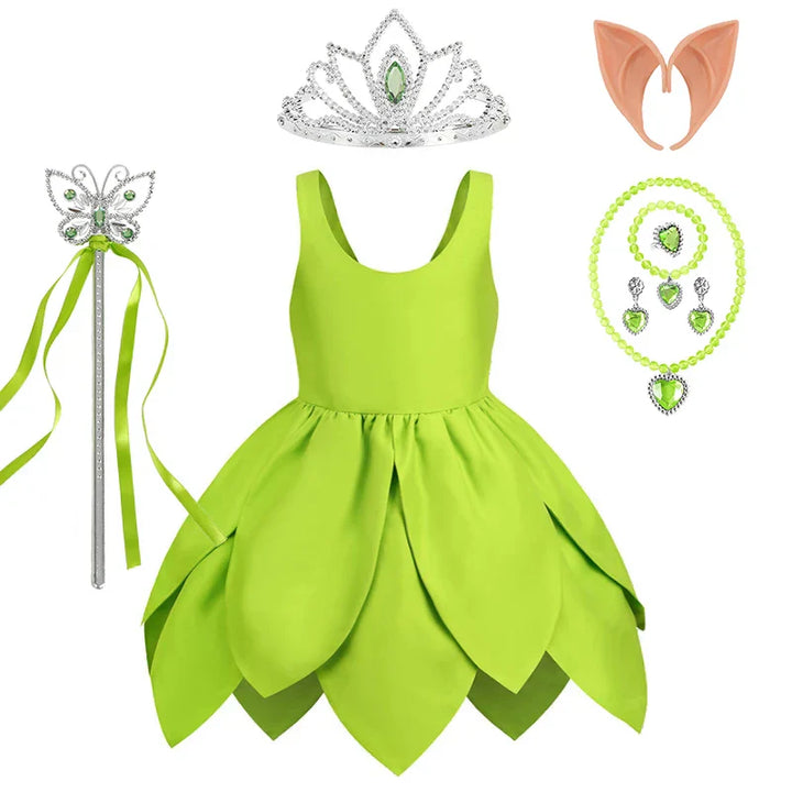 A magical moment: girl dressed as Tinkerbell, ready for her fairy adventures.