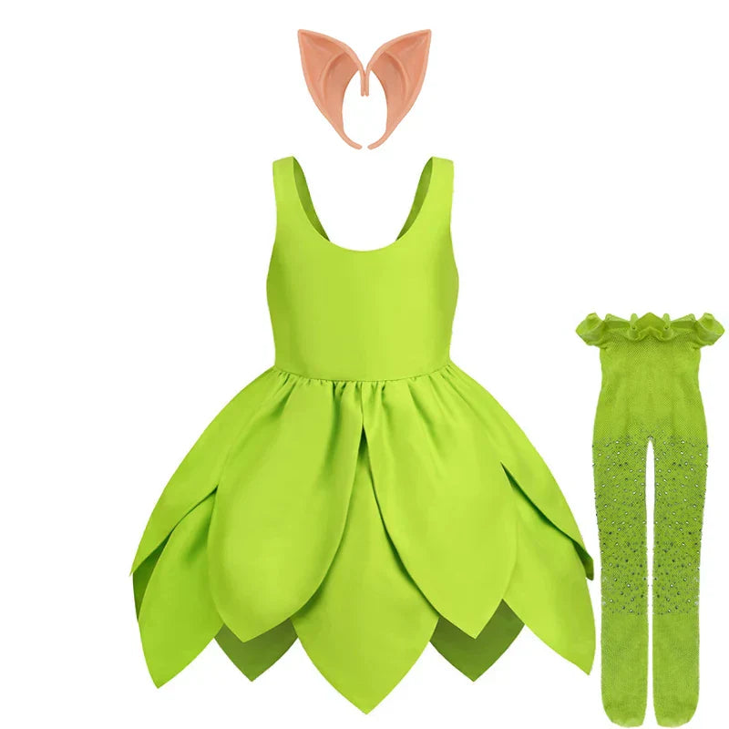 Tinkerbell children's costume with vibrant green color and fairy accents.