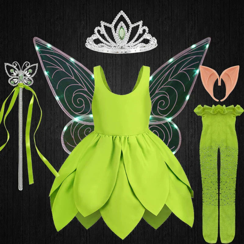 Tinkerbell wings attached to a girls' fairy costume, ready for adventure.