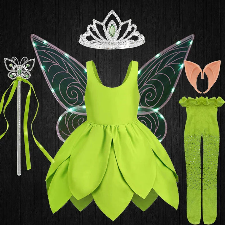 Tinkerbell wings attached to a girls' fairy costume, ready for adventure.
