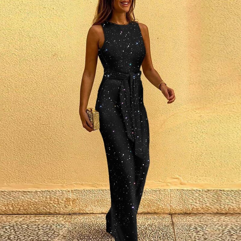 Luxurious gold sequin wide-leg jumpsuit for women, designed with a waist tie for a stunning formal evening look.