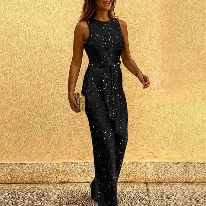Luxurious gold sequin wide-leg jumpsuit for women, designed with a waist tie for a stunning formal evening look.