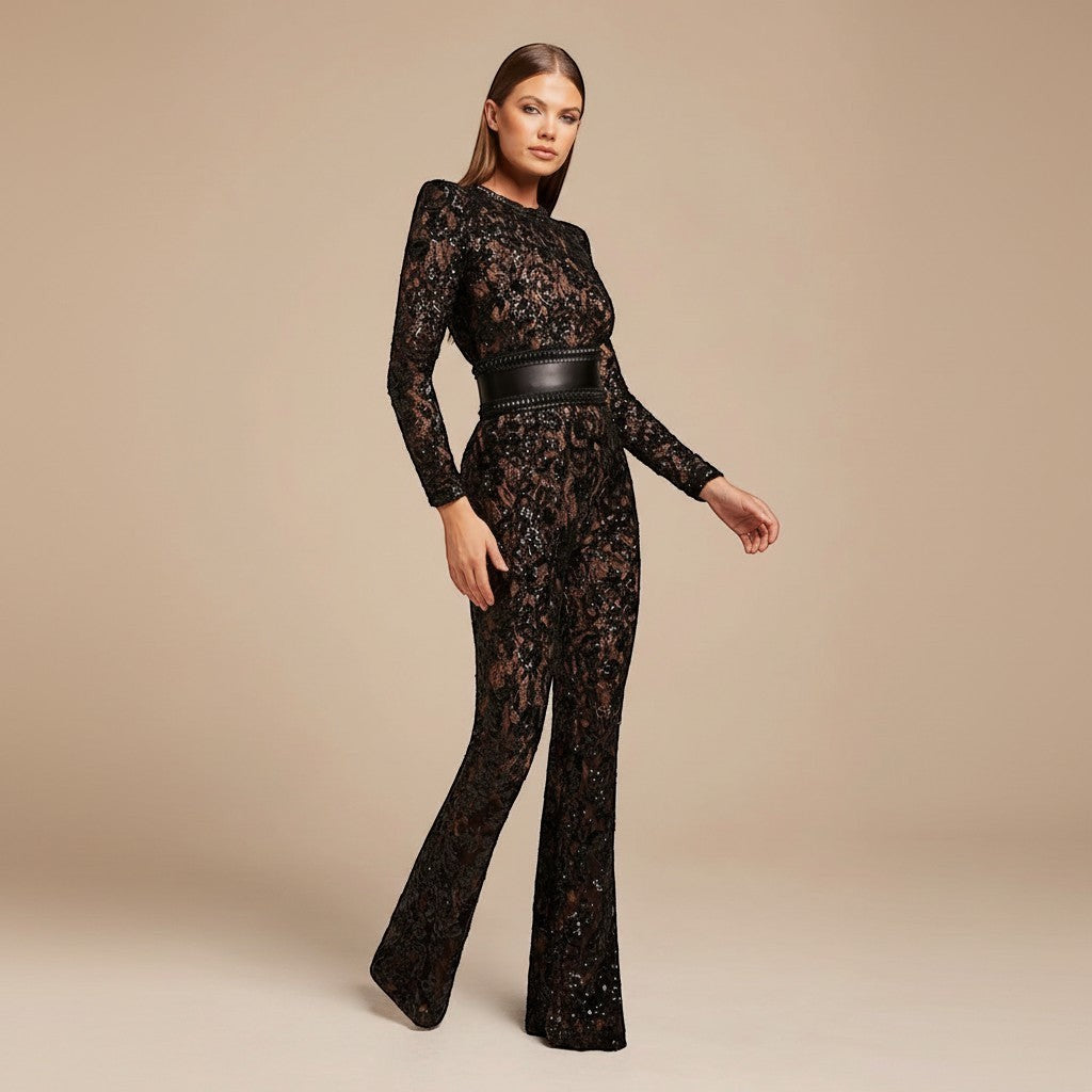 Glamorous women's long sleeve jumpsuit with wide leg & structured waist. Perfect for evening wear.