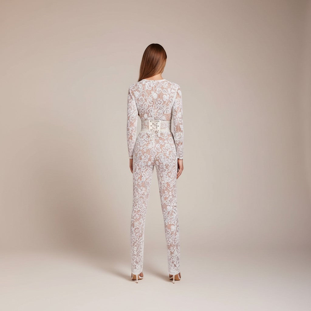 Sophisticated women's formal jumpsuit. Long sleeve, wide leg, elegant evening wear with a defined waist.