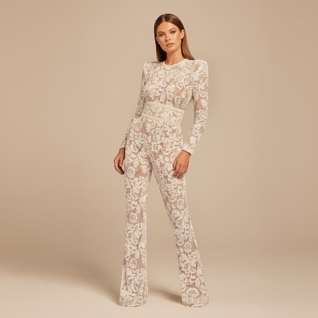 Women's glamorous wide leg jumpsuit. Long sleeve, structured waist, perfect for evening & special occasions.