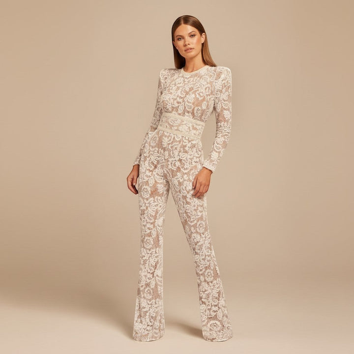 Women's glamorous wide leg jumpsuit. Long sleeve, structured waist, perfect for evening & special occasions.