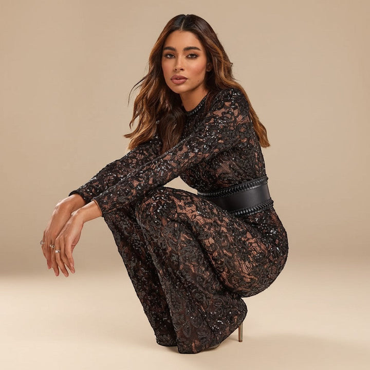 Women's glamorous evening jumpsuit with long sleeves, wide leg, and a flattering structured waist.