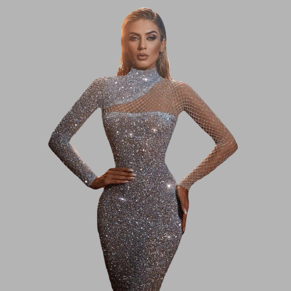 Glamorous women's off-shoulder sequin evening dress for parties and formal occasions.