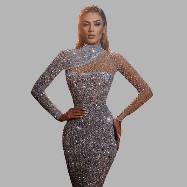 Glamorous women's off-shoulder sequin evening dress for parties and formal occasions.