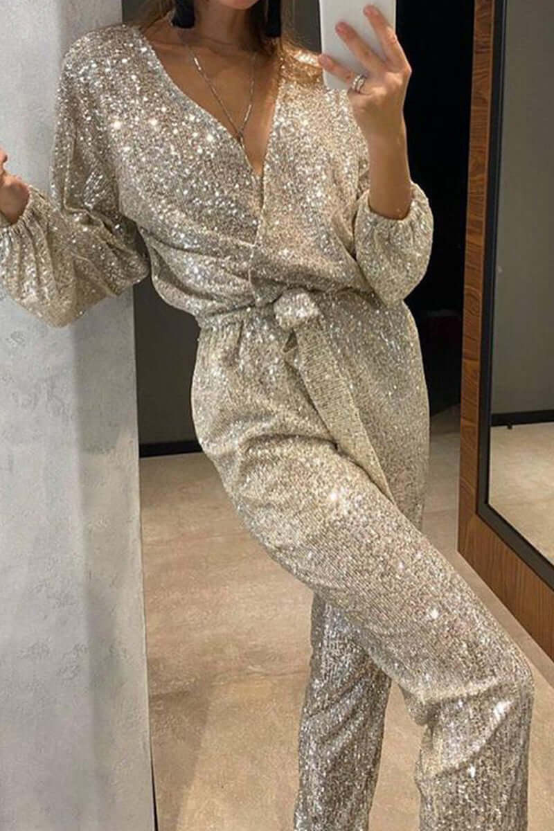Glamorous women's sequin bandage jumpsuit with a stylish V-neck, perfect for evening parties & special occasions.
