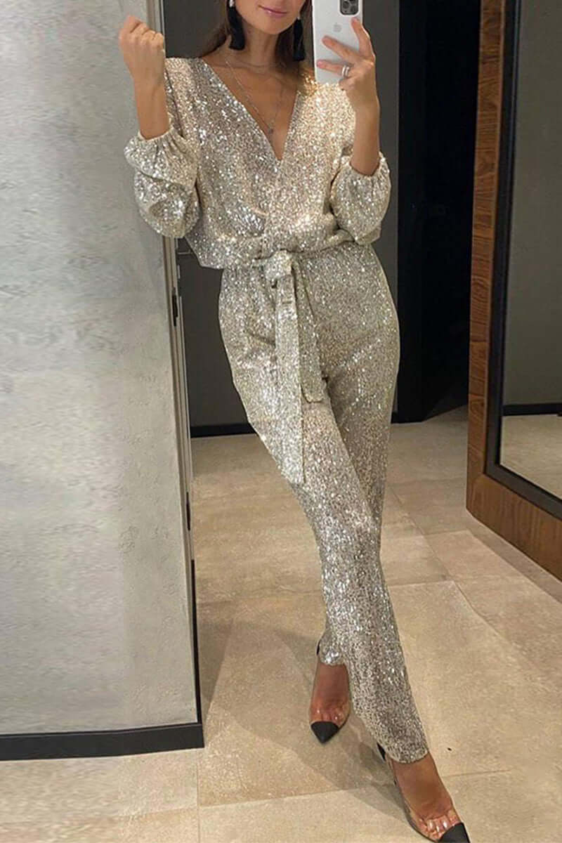 Fashionable women's sequin bandage jumpsuit, full-length & glamorous, designed for elegant evening wear.