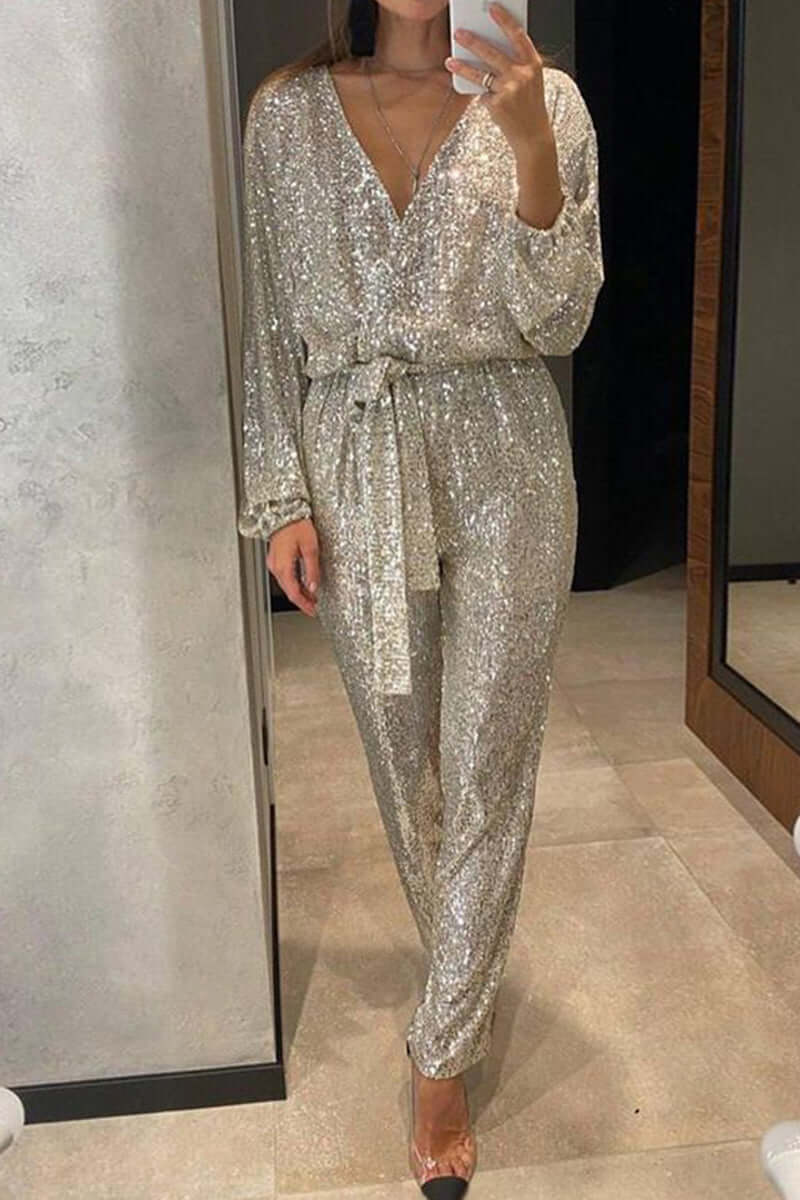Shimmering sequin bandage jumpsuit for women with a V-neck, a glamorous choice for parties & events.