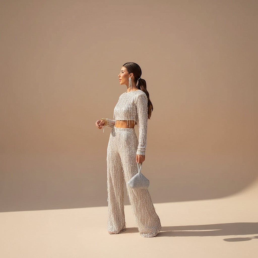 Glamorous women's sequin crop top & wide leg pants evening set, perfect for parties & special occasions.