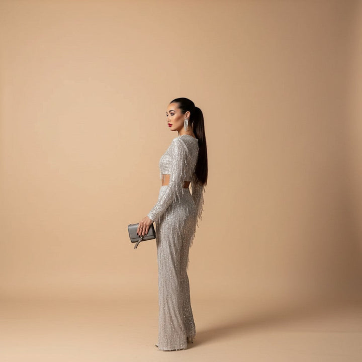 Elegant women's sequin co-ord set with crop top & wide leg pants, ideal formal party wear.