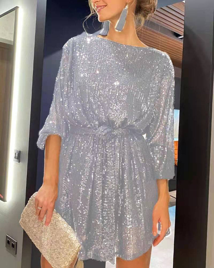 Women's sequin mini party dress, designed for dancing & celebrations. Shimmers with every move.