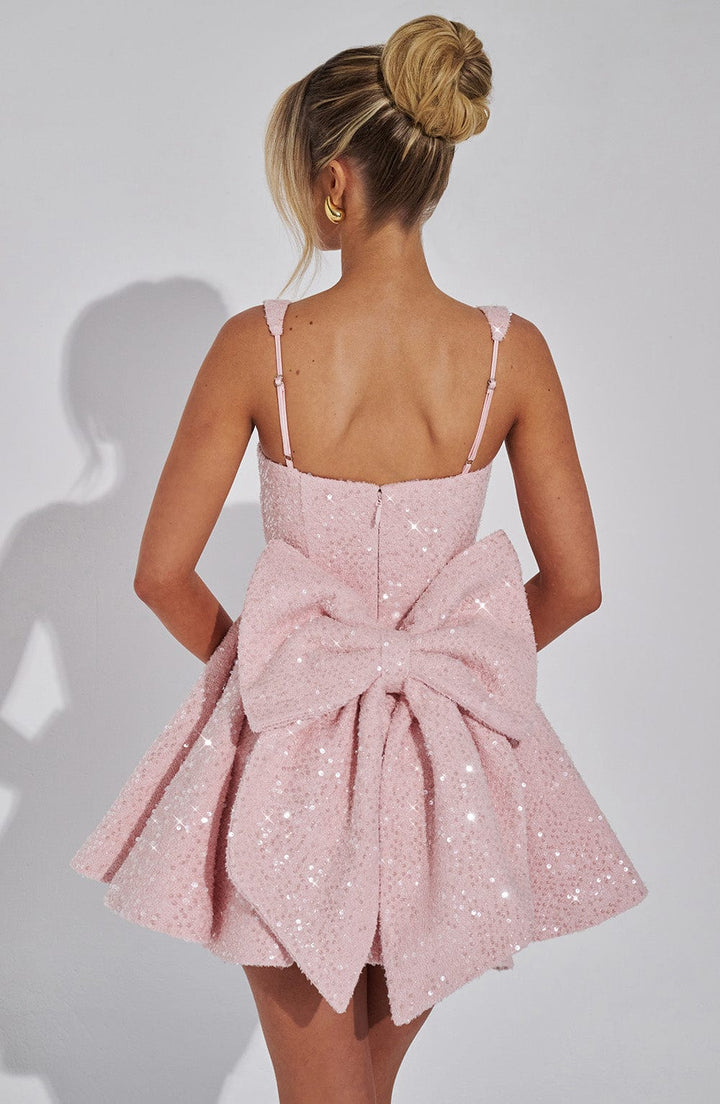 Elegant women's sequin mini dress for prom, showcasing a modern square neck and a stylish back bow.