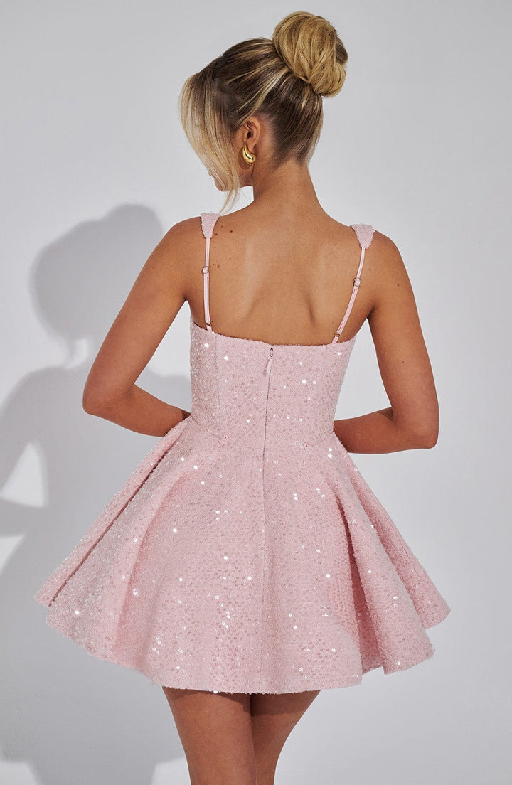 Shimmering A-line sequin mini dress for women, ideal as a party or prom dress with square neckline.