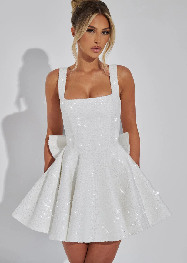 Women's formal sequin prom mini dress with a glamorous square neck and chic back bow, perfect for parties.