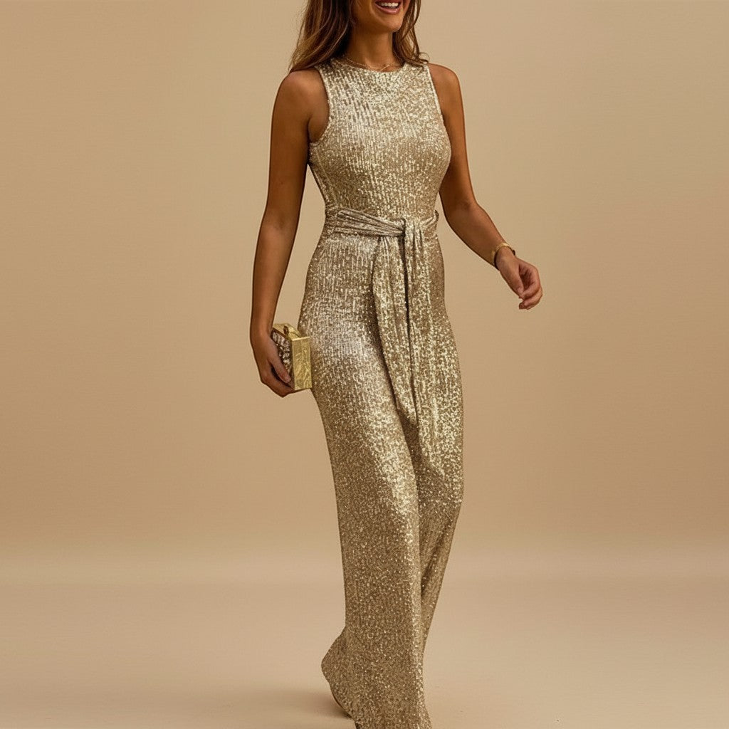 Glamorous women's sequin wide-leg jumpsuit with elegant waist tie, perfect for evening wear & parties.