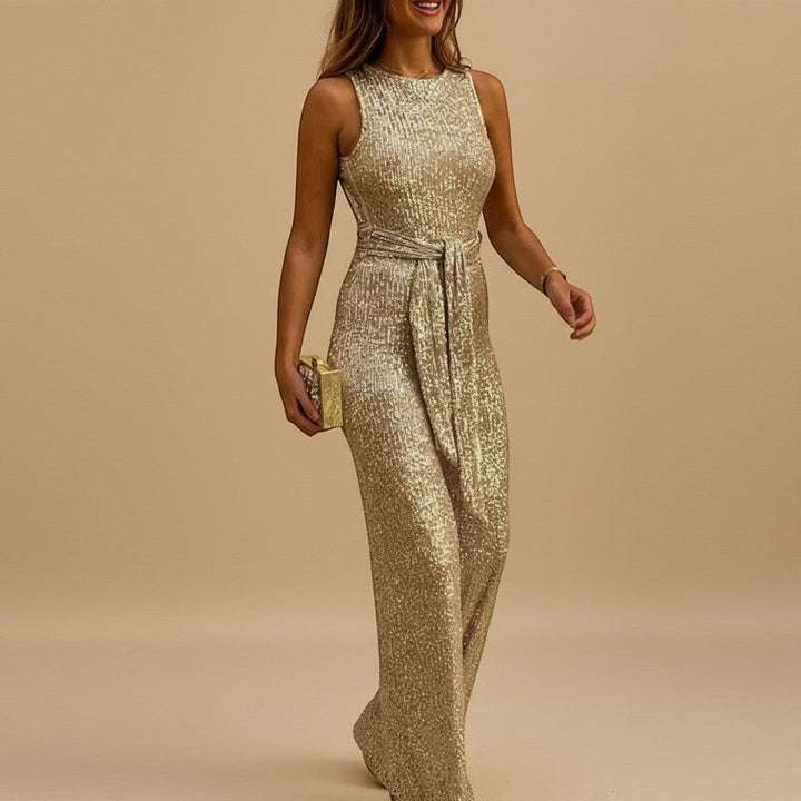 Glamorous women's sequin wide-leg jumpsuit with elegant waist tie, perfect for evening wear & parties.