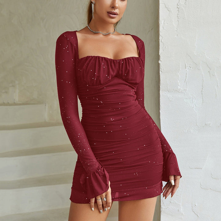 Stunning women's ruched sheer mesh bodycon mini dress with off-shoulder neckline for a glamorous party look.
