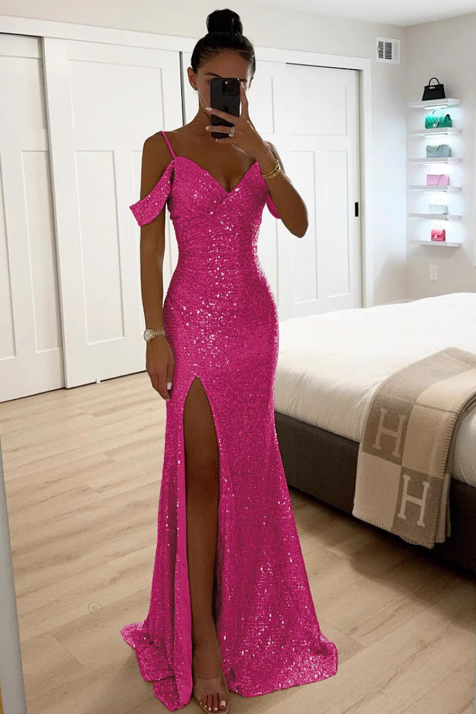 Elegant women's sparkling off-shoulder maxi party dress with high slit. Ideal formal occasion wear & glamorous gown.