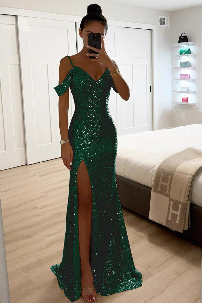 Long sparkling off-shoulder maxi dress for women with a high slit. Elegant formal evening gown, ideal party wear.