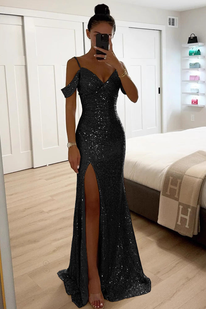 Dazzling women's off-shoulder sparkling maxi dress with high slit. Glamorous formal evening gown for special occasions.