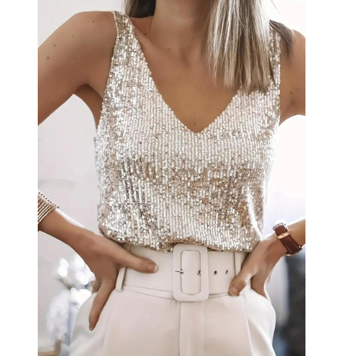 Glamorous women's sparkling sequin V-neck sleeveless blouse, perfect for party wear or evening events.