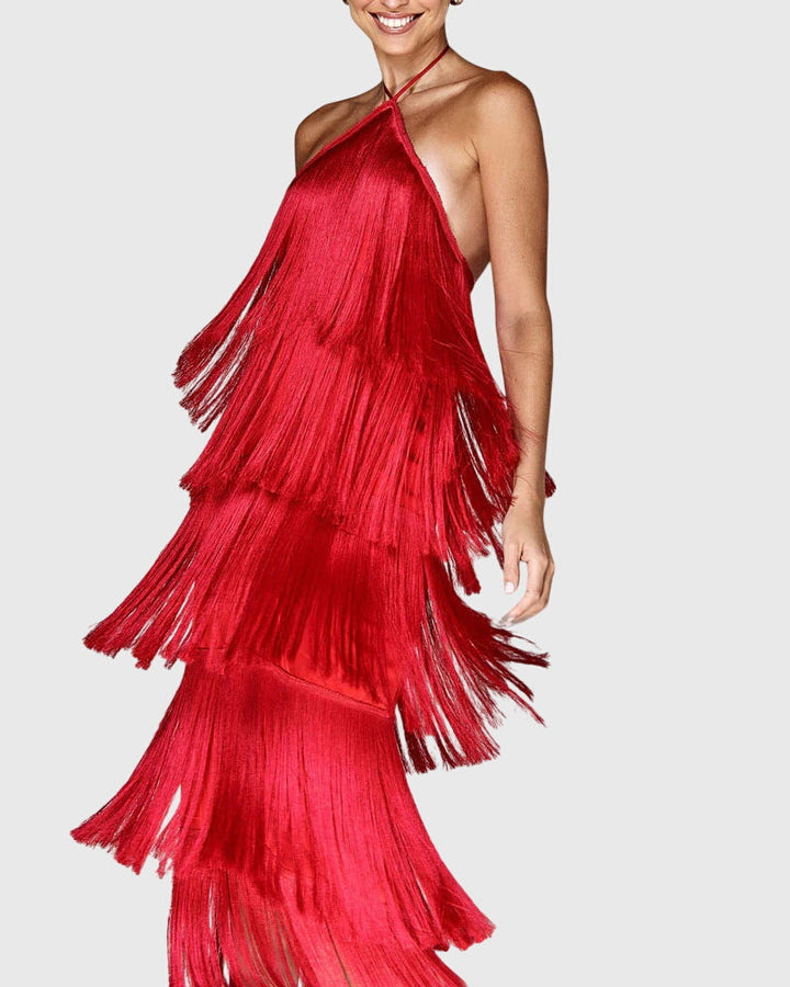 Glamorous women's tassel halter neck dress with an open back, perfect for parties & evening wear.