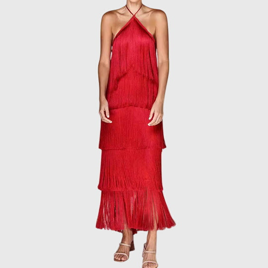 Elegant cocktail dress: a women's halter neck design featuring chic tassels & a stylish open back.