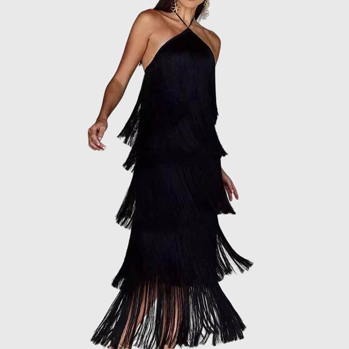 Stunning women's evening wear tassel dress, elegant halter neck & alluring open back design.