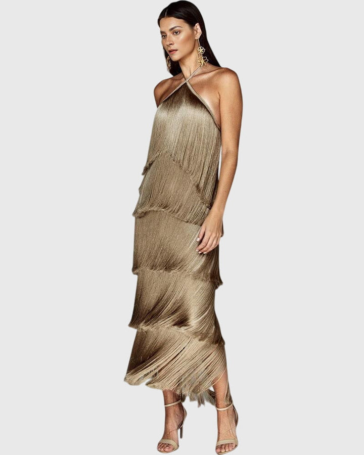 Women's glamour dress, a stylish halter neck with flowing tassels & a sophisticated open back.