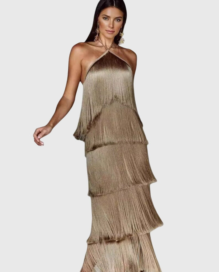 Chic women's tassel halter neck dress for special occasions, features an elegant open back design.