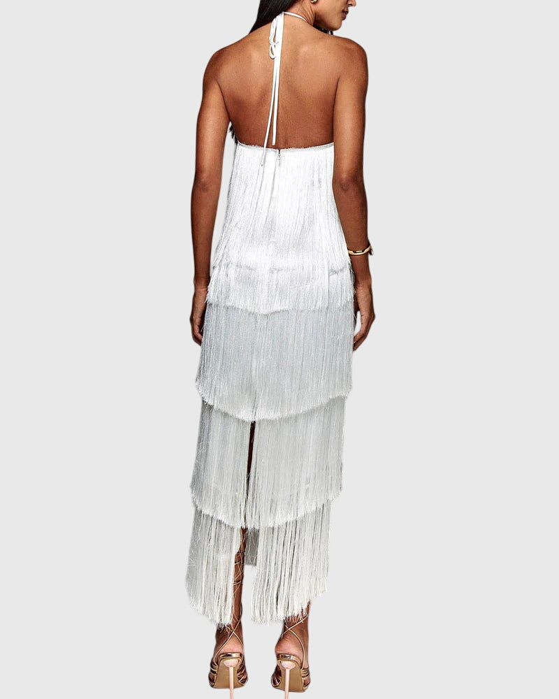 Elegant women's halter neck dress with dramatic tassels & an open back, ideal for evening glamour.