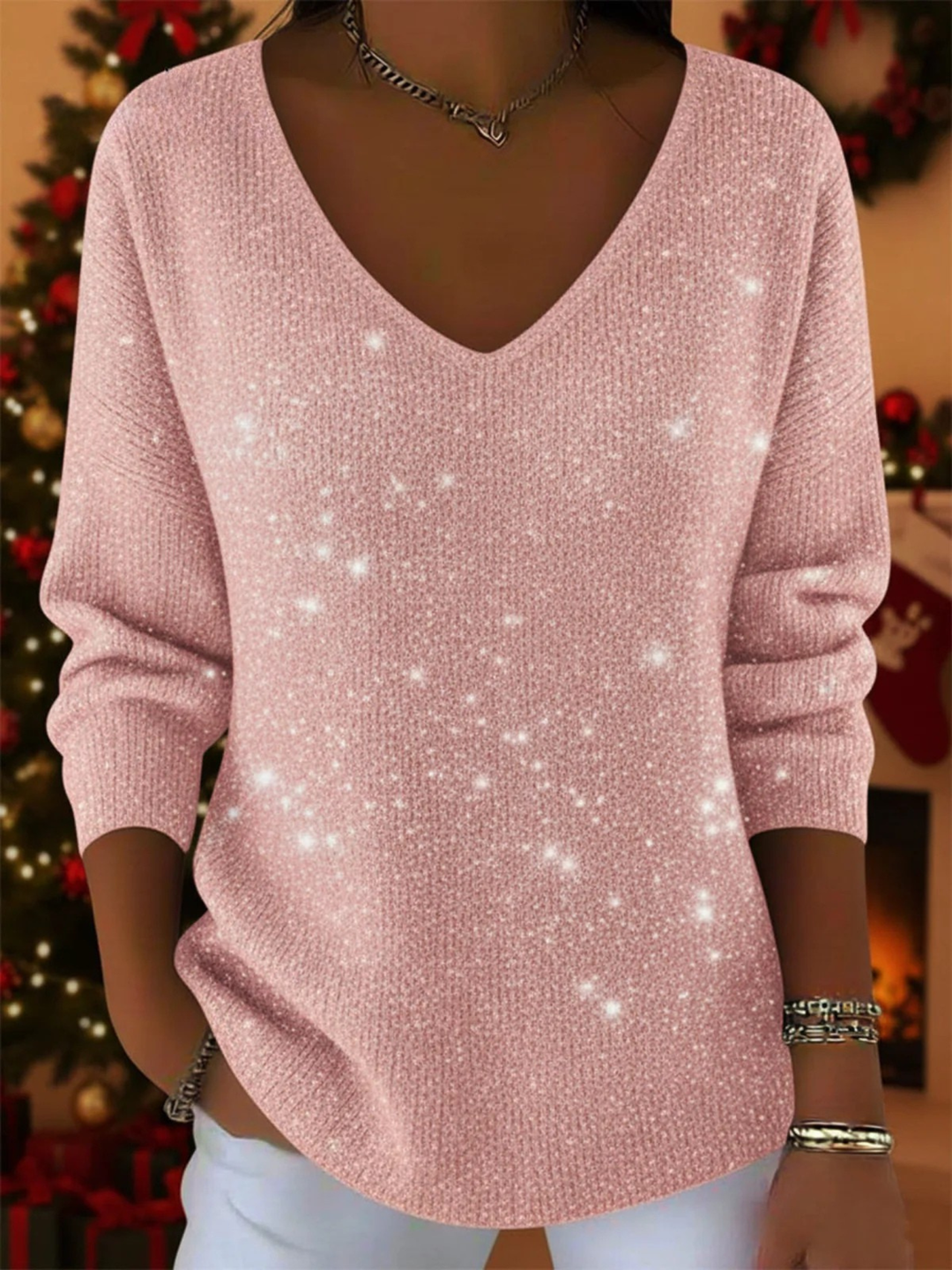 Fashionable women's sequin V-neck blouse with long sleeves, versatile for parties & special events.