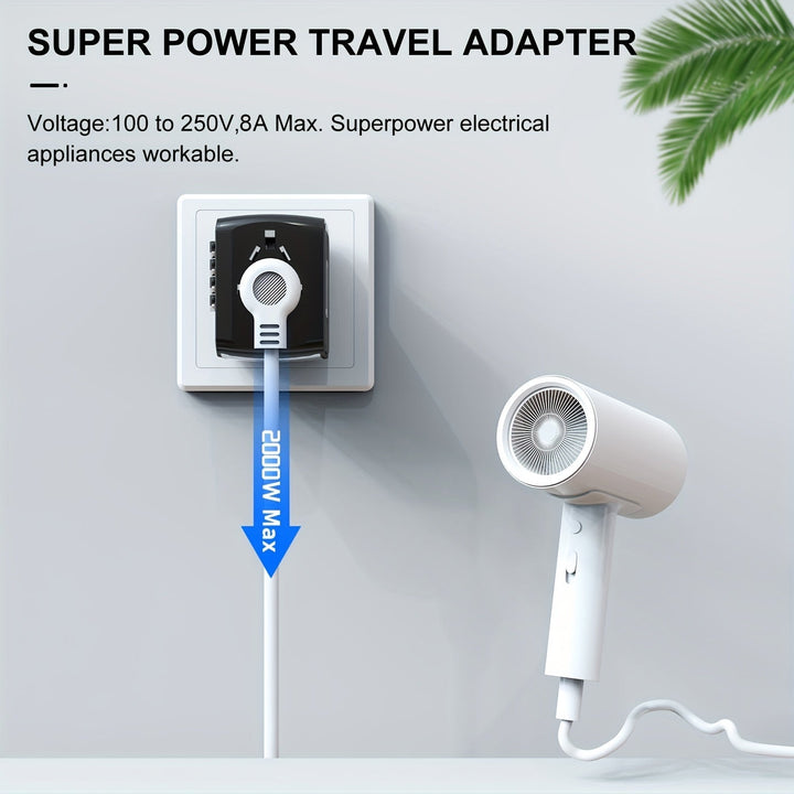 Sleek black global travel adapter with multiple USB & Type-C ports for fast charging on the go.