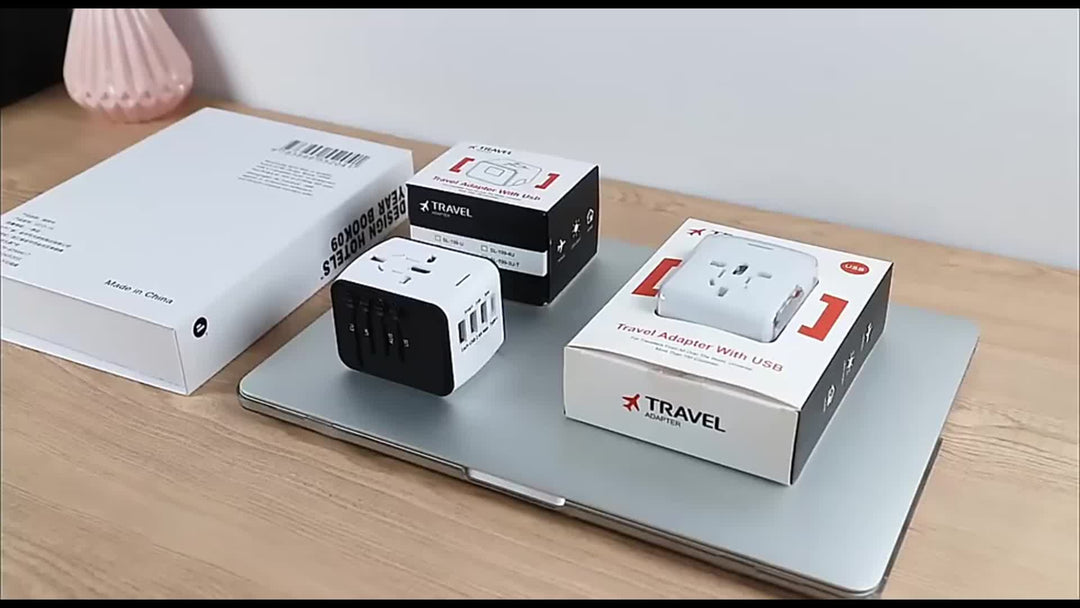 All-in-one universal travel adapter with fast USB-A & USB-C ports for worldwide power needs.