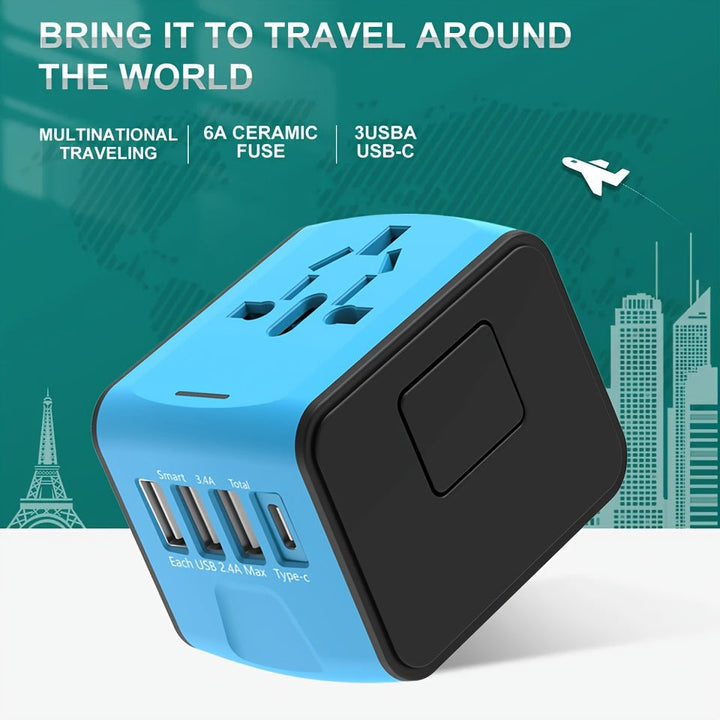 Universal travel adapter with 4 USB ports & Type-C, providing fast international charging.
