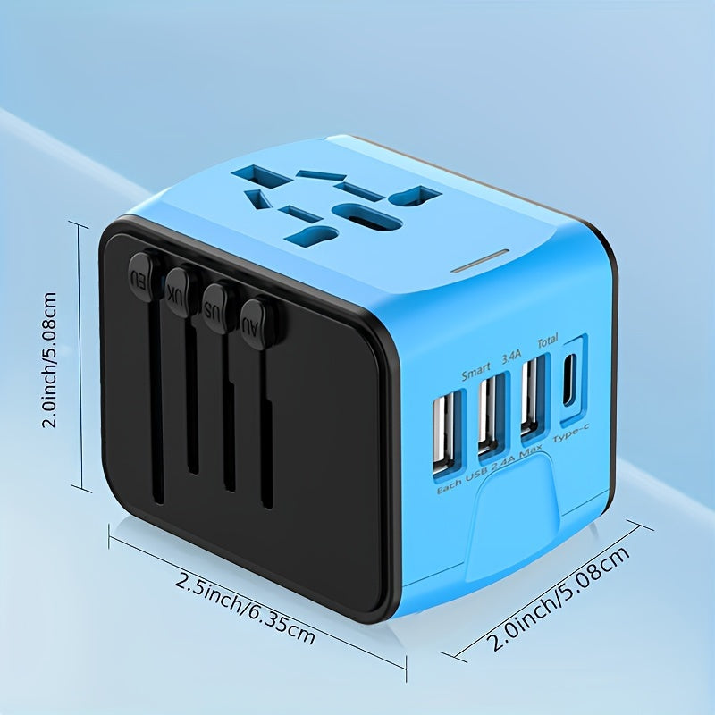 Safe global power adapter for travel, featuring fast USB-C charging and multiple outlets.